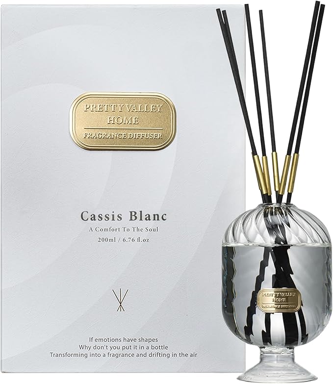 Reed Diffuser Set, Pretty Valley Home Diffuser 200Ml / 6.76 fl OZ Gift Box - Includes Reed Diffuser Sticks, Long Lasting Fragrance Oil and Glass Bottle for Office Living Room Decor (Cassis Blanc)