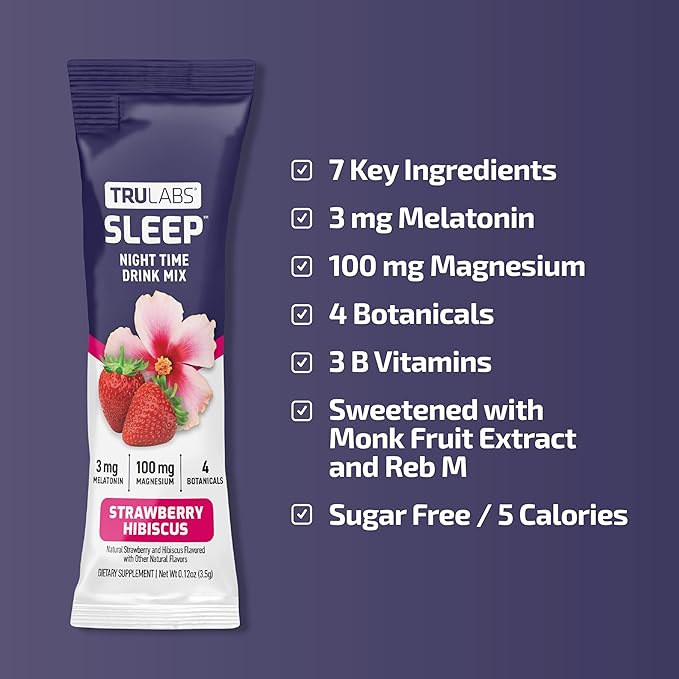 TRULABS Sleep - Strawberry Hibiscus. Sugar Free Sleep Drink. Each Serving Contains: Magnesium, GABA, Passionflower, Valerian Root, Ashwagandha Root & Lemon Balm Leaf Extracts, with 3mg Melatonin (6ct)