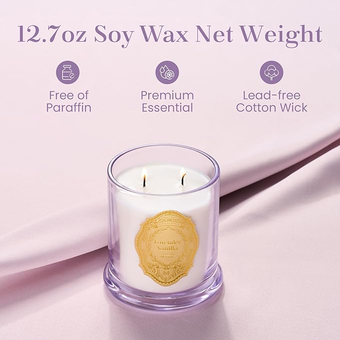 M&SENSE Lavender Vanilla Candles for Home Scented, 2 Wick 12.7oz Soy Wax Candles Non Toxic,70 Hours Long Burning,Luxury Candles Gift for Stress Relief, Meditation, Yoga