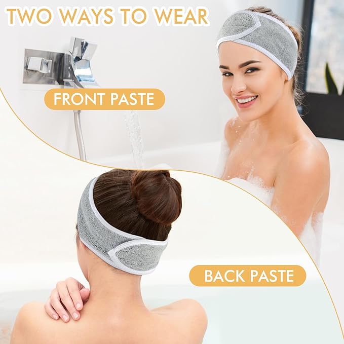 SINLAND Spa Headband for Women 3 Counts Ultra Soft Adjustable Makeup Hair Band with Magic Tape, Terry Cloth Stretch Head Wrap for Face Washing, Bath, Shower, Facial Mask, Yoga