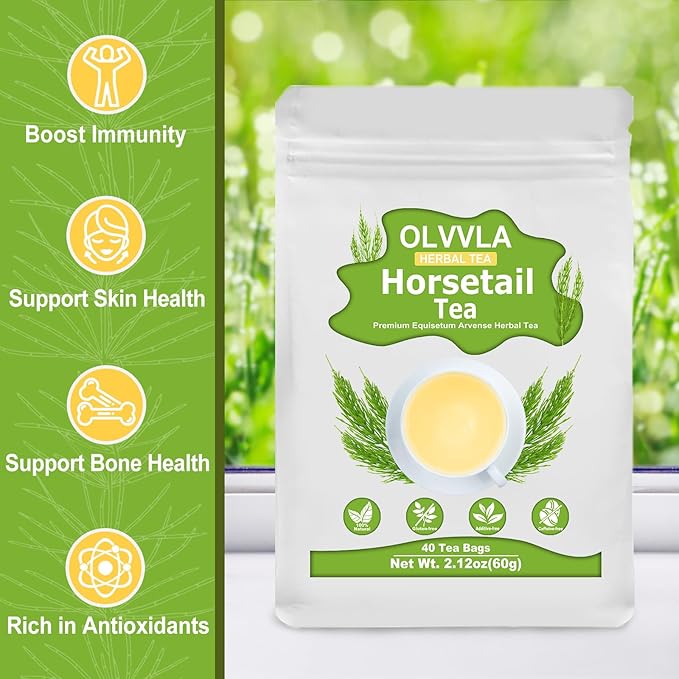 Olvvla - Premium Horsetail Tea Bags - 1.5g X 40 Count - Pure Natural Horsetail Herbal Tea - Caffeine-free - Non-GMO - Dried Horsetail Herb - Rich in Antioxidants & Support Bone Health
