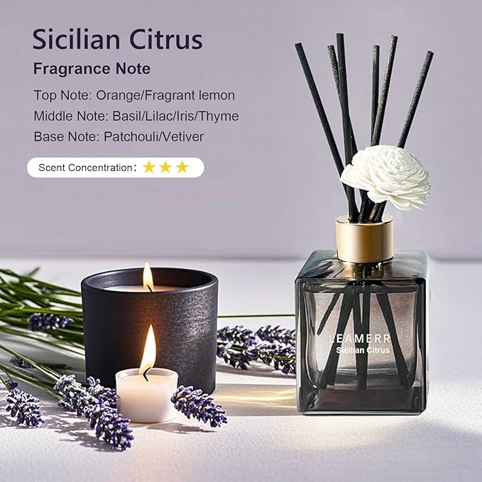 Reed Diffuser Set, 6.1 oz (180 ml) Sicilian Citrus Scented Diffuser with Sticks Long-Lasting Home Fragrance Reed Diffuser for Home Room Office Bathroom Shelf Decor