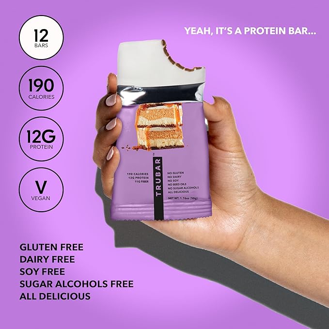 TRUBAR Vegan Protein Bar, Whole Lotta Macchiato, Gluten Free, Plant Based Protein, Dairy Free, Non GMO, Soy Free, No Sugar Alcohols, 12G Protein, 12G Fiber, 23G Carb, On the Go Snack Bars, 12 CT