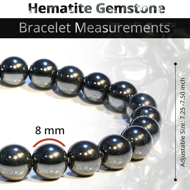 Hematite Crystal Bracelet – Healing Crystal Bracelet for Women and Men – 8mm Round Beaded Bracelet for Anxiety Relief – Elastic Adjustable Size Bead Calming Bracelet