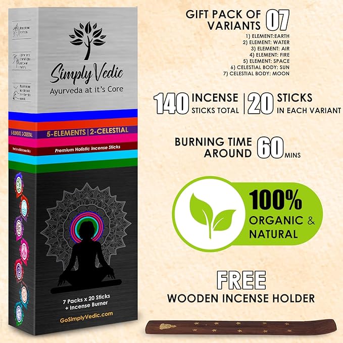 Simply Vedic Premium Incense Sticks Set of 5 Elements Earth, Water, Air, Fire, Space 2 Celestial Bodies Sun & Moon| 140 Natural Agarbatti with Burner| for Home Pooja, Meditation, Yoga, Aromatherapy