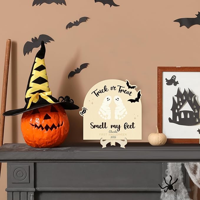 Sereliy Baby's First Halloween DIY Footprint Art Card, Wooden Halloween Baby Sign Keepsake Ornaments for Baby Shower Newborn Photoshoot Prop (Trick)