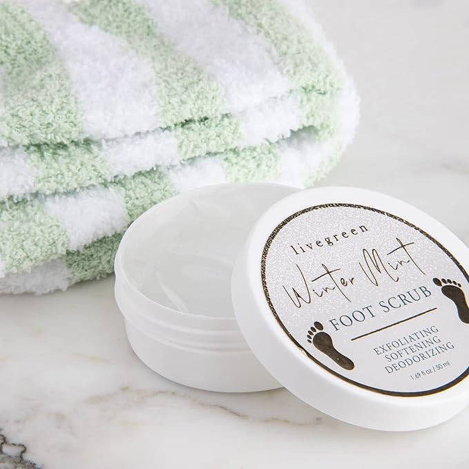 Live Green Bath and Body Present Set- Foot Spa Set with Fuzzy Socks, Lotion, and Scrub, Winter Mint