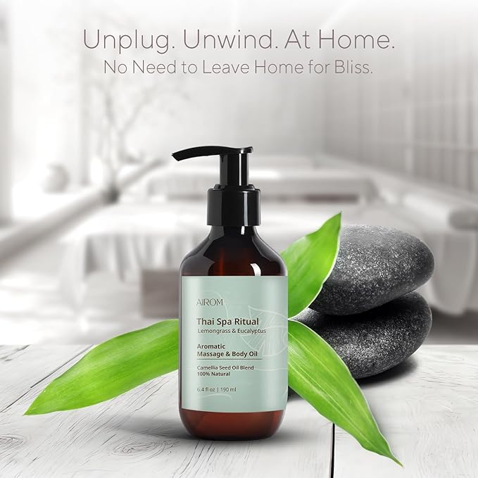 AiROM Lemongrass & Eucalyptus Massage Oil for Massage Therapy – Thai Spa Ritual - Scented Body Oil for Women – Hypoallergenic, Relaxing Aromatherapy, Non-Greasy, Nut-Free - 6.4 fl oz