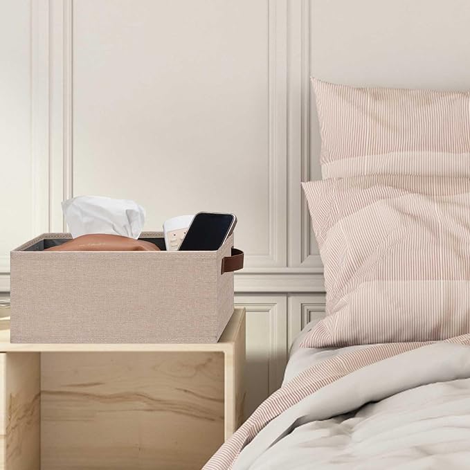 GhvyenntteS Small Fabric Storage Bins 6 Pack, 11.8" x 7.87" x 5.11" Storage Basket with Leather Handles, Closet Storage Bins for Shelves, Storage Baskets for Shelves, DVD Storage (Beige Yellow)