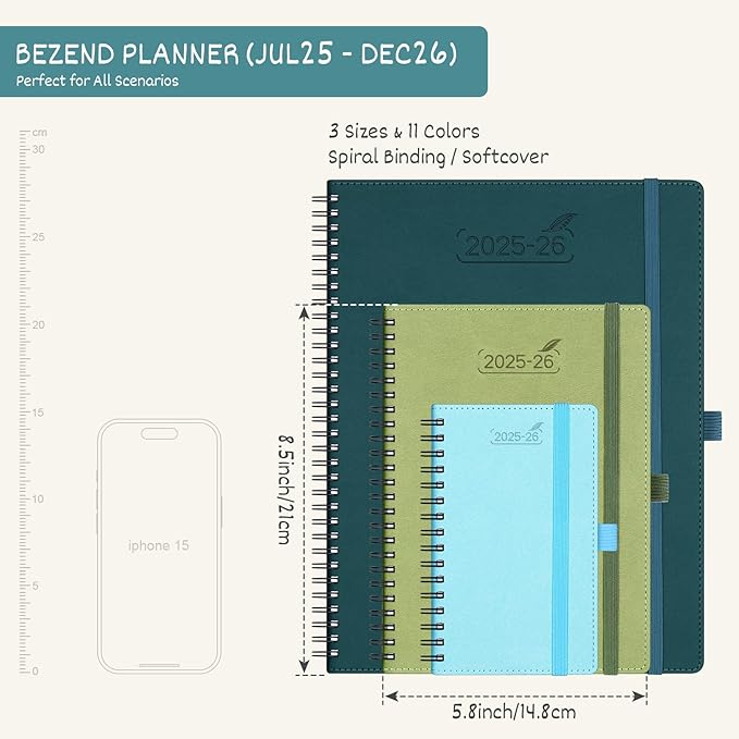 BEZEND Planner 2025-2026 Weekly and Monthly, 5.8" x 8.5" Academic Calendar (Jul 25-Dec 26) Vertical Daily Appointment with Hourly Timeslot & Monthly Tab, Spiral, PU Leather Softcover - Turquoise