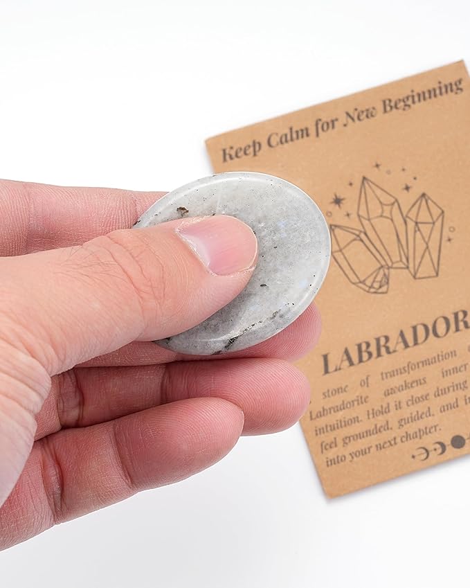 QianCannaor Labradorite Oval Shaped Worry Stone for Adults • Crystals and Healing Stones for Anxiety Relief, Stress Relief & & New Beginnings • Pocket Palm Stone with Affirmation Card