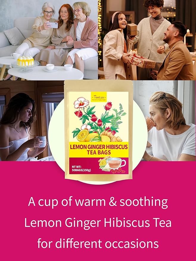 TeeLux Lemon Ginger Hibiscus Tea, Refreshing Lemongrass With Spicy Ginger, Tart Hibiscus, Sweet Licorice, Caffeine Free, 50 Count