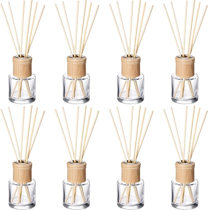 Roshtia 8 Set Reed Diffuser Bottle Empty Refillable Fragrance Glass Diffuser Bottles Set with Wooden Caps Rattan Sticks 50ml 1.7 oz Round Glass Jars for DIY Fragrance