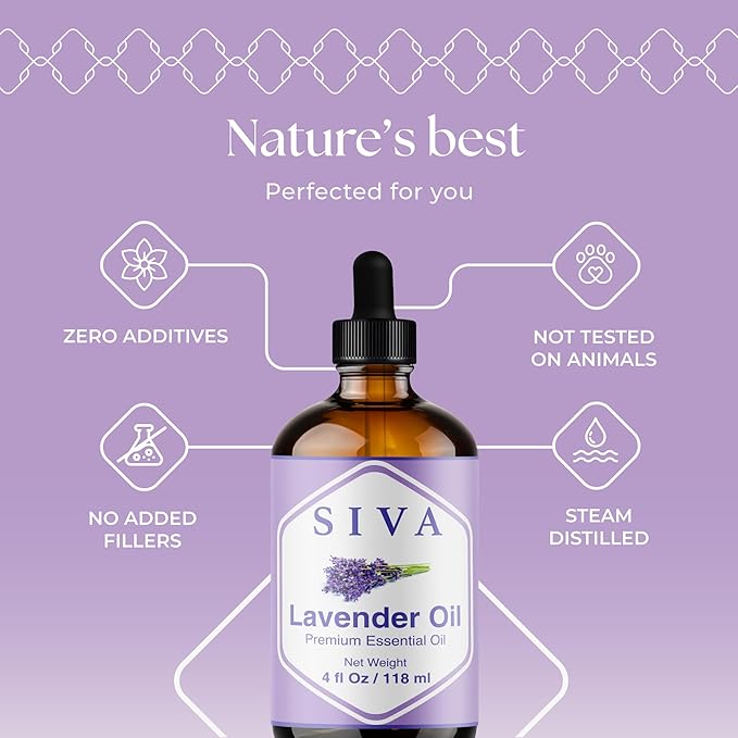 SIVA Lavender Essential Oil - 4 Fl Oz – Natural Lavender Oil - for Diffuser, Face, Skin Care, Aromatherapy, Hair Care, Scalp and Body Massage - with Dropper