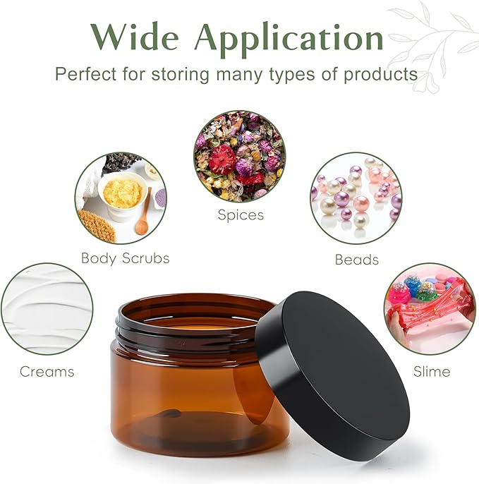 Qeirudu 4 oz Amber Plastic Jars with Lids and Labels, 12 Pack Empty Brown Body Butter Containers for Cosmetic, Body Scrub, Creams and Lotion