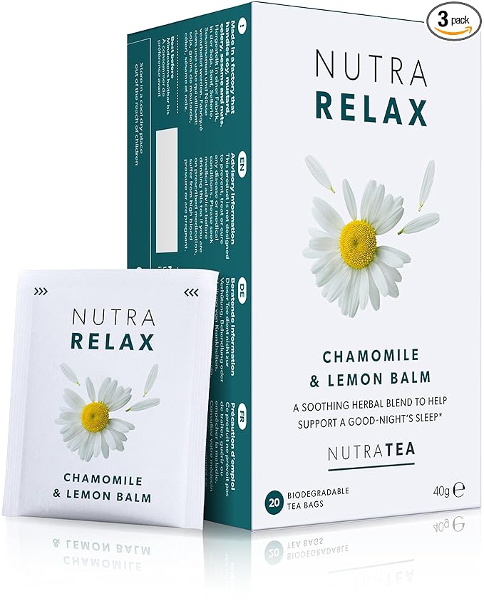 NUTRARELAX - Night Time Tea | Sleep Tea | Calm Tea - Includes Chamomile, Passionflower & Lemon Balm - 60 Enveloped Tea Bags - by Nutra Tea - Herbal Tea - (3 Pack)