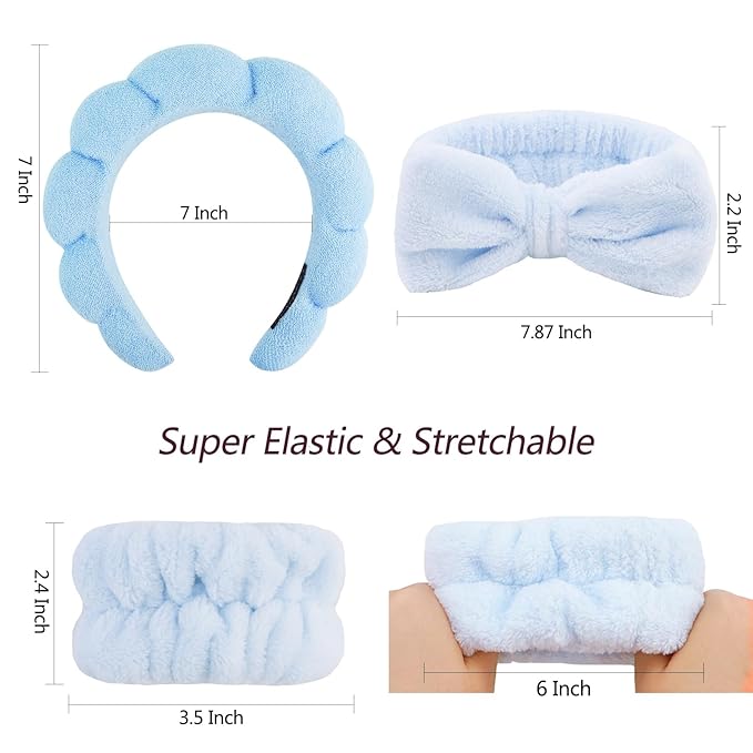 VELSCRUN 6 Pack Spa Headband, Makeup Headband, Face Wash Headbands, Skincare Headbands, Blue Sponge Hair Band Bow Tie Spa Head Band for Washing Face Wristband Set Hair Accessories for Women Gifts