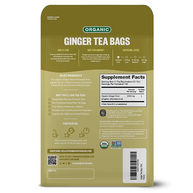 FGO Organic Ginger Tea, 100 Count, Eco-Conscious Tea Bags, Caffeine Free, Packaging May Vary (Pack of 1)