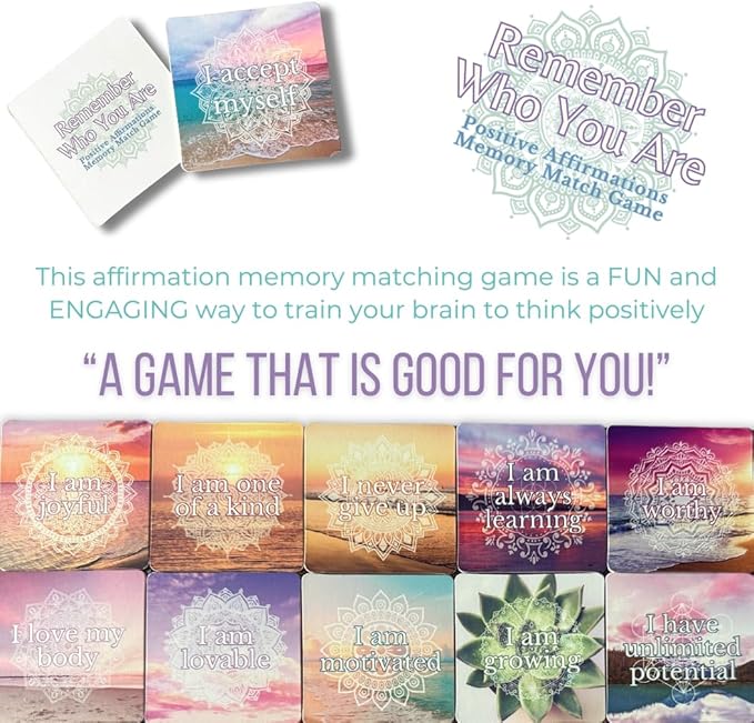 Positive Affirmations Memory Matching Game REMEMBER WHO YOU ARE, Therapy Games for School Counselors and Therapists, Positive Affirmation Cards Game for Adolescents, Teens and Adults