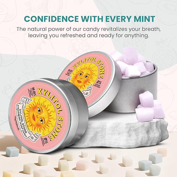 Xylitol Stone Sugar Free Candy - Vegan & Keto Friendly Unique Hard Candy Sugar-Free - 100% Natural Flavor Candies - Gluten Free & Non-GMO Breath Freshener Low Calorie Mints - Strawberry (Pack of 2)