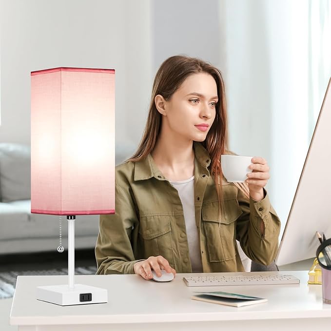 18'' Table Lamp for Bedroom set of 2,3-Color Bedside Lamps with Pull Chain Table Lamps for Night stands ,Small Night Light Lamps with 2 Bulbs Lamps for Living Room Kids Room Office Decor(Pink+White)