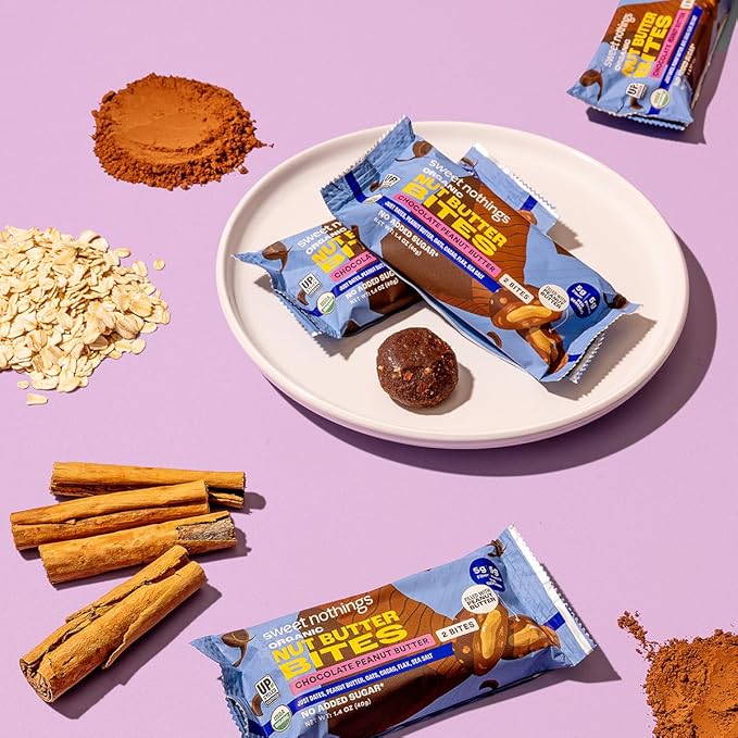 Sweet Nothings, Chocolate, USDA Organic Nut Butter Bites Protein Bar, Nut & Date Snack, Filled with Peanut Butter, 12-2 Bite Value Packs - No Added Sugar, Plant Based, Vegan, Only 7 Ingredients