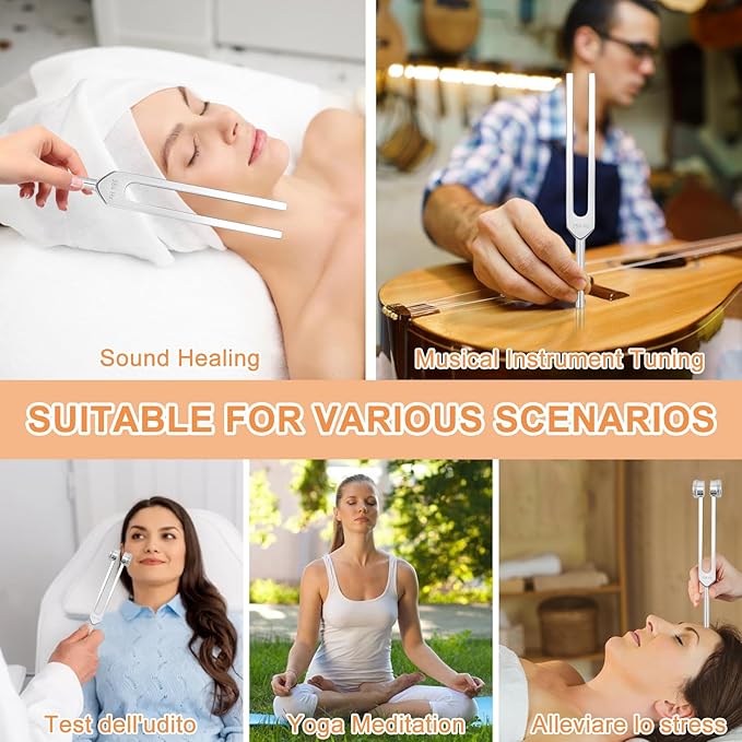 Tuning Forks for Healing Set – Includes 128Hz, 136Hz, 256Hz, 384Hz, & Activator, Bamboo Base, Rubber Hammer, Portable in Black Luggage – Sound Healing Instruments for Chakra, Yoga, and Meditation