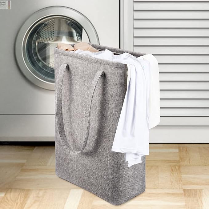 i BKGOO Laundry Basket with Handles Grey Coffee-Slim Laundry Bin Collapsible Dirty Clothes Basket Narrow Laundry Bag Foldable Dirty Hamper for Camping, Dorms, Apartments