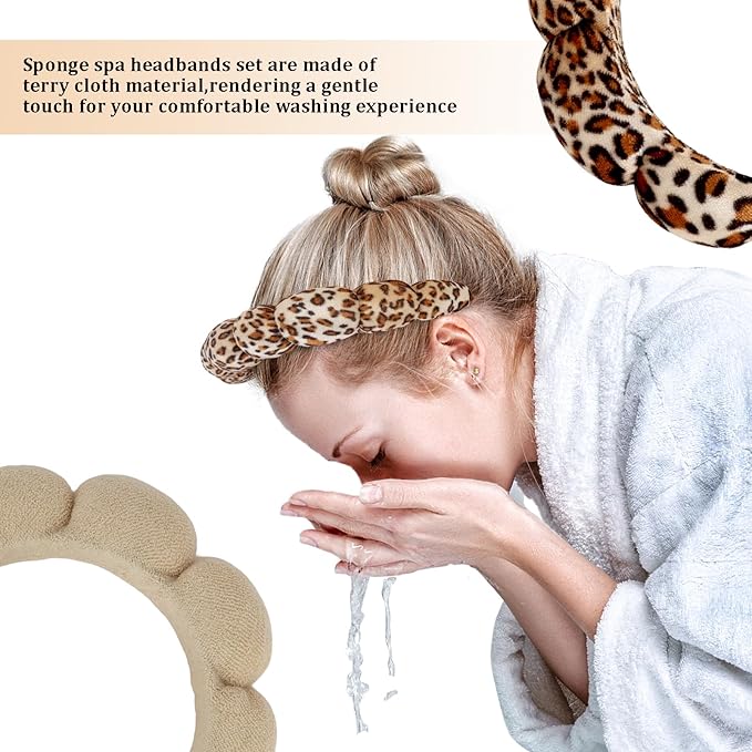 AMCAMI 2 PCS Puffy Spa Headband for Women Sponge Headbands for Girls Terry Towel Cloth Fabric Head Band for Face Washing (Brown & leopard print)