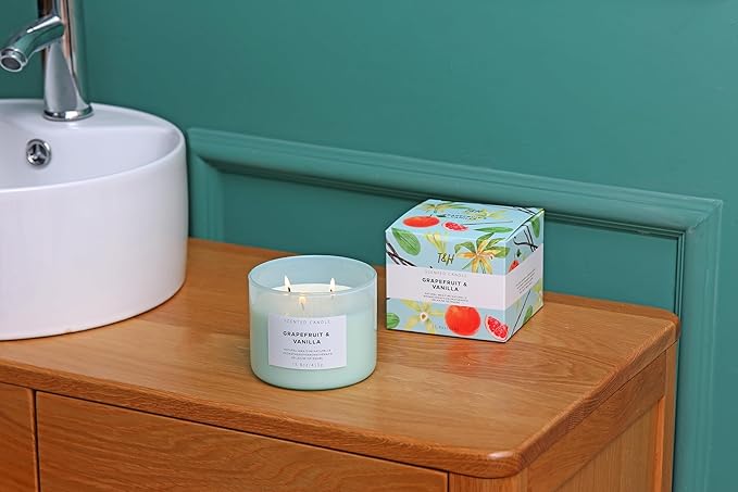 Grapefruit Vanilla 3-Wick Scented Soy Candle, 15.8 oz - Aromatherapy Citrus & Vanilla Candle, Long-Lasting Clean Burn, Strong Throw