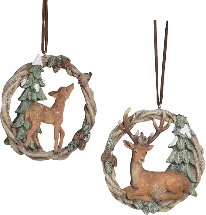 Christmas Tree Ornaments Christmas Decorations - Set of 2 Resin Christmas Woodland Deer in Wreath Ornaments Brown/Sage Green Men for Family Braxio