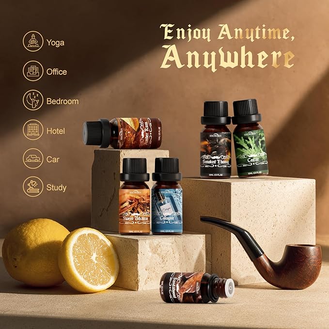 Men Diffuser Oils Gift Set, SNOWSEN Gentlemen's Essential Oil Set for Diffuser for Home, Candles Scents & Perfume, Sandalwood, Cologne, Smoked Ebony, Amber Rum, Cedar, Sweet Tobacco