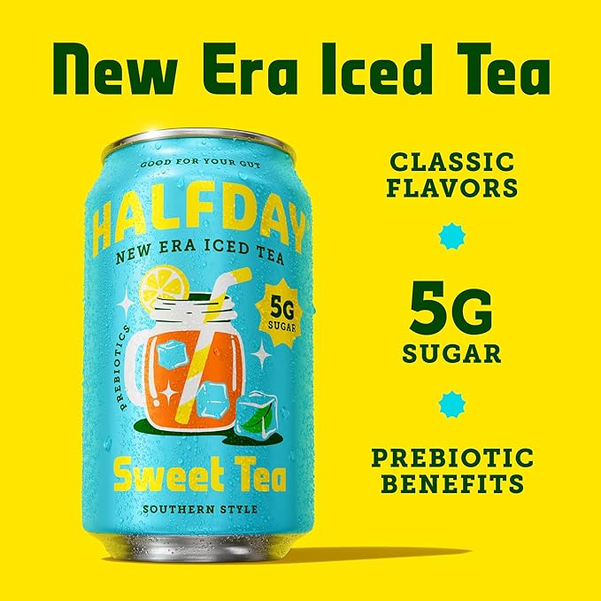 HALFDAY Prebiotic Sweet Tea Iced Tea Cans, Supports Digestive & Gut Health, 6g Plant Fiber & Prebiotics, 5g of Sugar, 35 Calories, Organic Tea, Natural Caffeine, Gluten Free, Keto, 12 fl oz (12 pack)