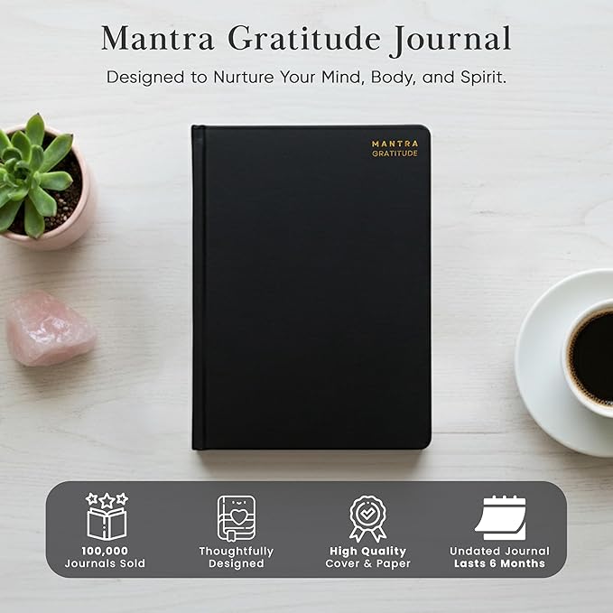 Gratitude Journal For Women & Men - Mental Health, Self Love & Self Care Journal - Black - 5.8" x 8.3" - Mantra Planner