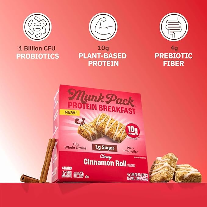 Munk Pack Probiotic Protein Breakfast Bars - 10g Plant Protein, 1g Sugar, 6g Fiber – For Adults & Kids, Low Sugar Snack, Gluten-Free, Diabetic-Friendly, Non-GMO, Sampler Pack- 5 Pack
