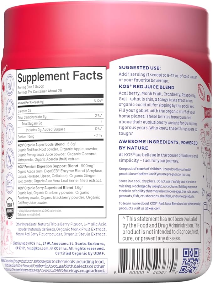 KOS Reds Superfood Powder for Antioxidants - USDA Certified Organic Beet Root, Goji Berries, Acai, Pomegranate, Coconut Water & Digestion Enzymes- Goji Berry Popsicle Flavor Juice Mix - 28 Servings
