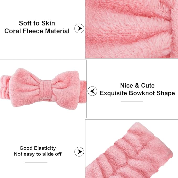 Casoty 6 Pcs Skincare Spa Headband Make Up Headbands, Bow Hair Band, Soft Coral Fleece Facial Headbands for Washing Face, Towel Head Band for Face Washing Shower Skin Care Yoga