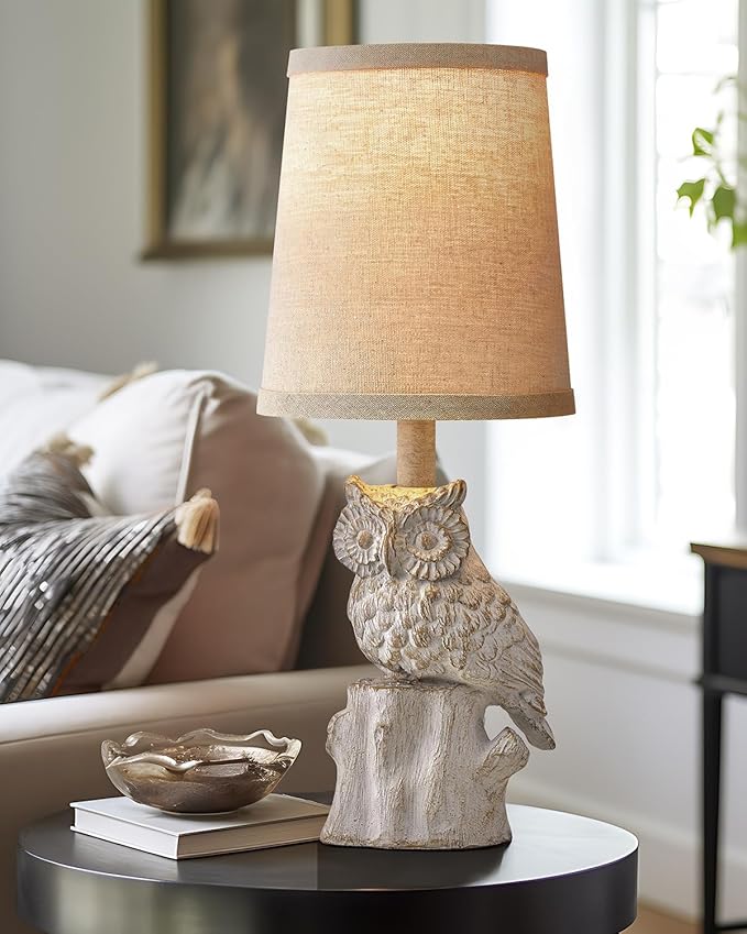 14.25" Small Table Lamp for Living Room Farmhouse Bedside Resin Single Lamp with White Owl Lamp Shape for Bedroom Retro Rustic Nightstand Lamp