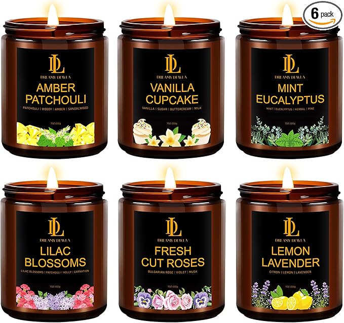 6 Pack Candles for Home Scented, Scented Candles Gifts Set for Women Men, 42 oz Soy Candle Set, Scents of Fresh Cut Roses/Lemon Lavender/Vanilla Cupcake/Amber Patchouli/Lilac Blossoms/Mint Eucalyptus