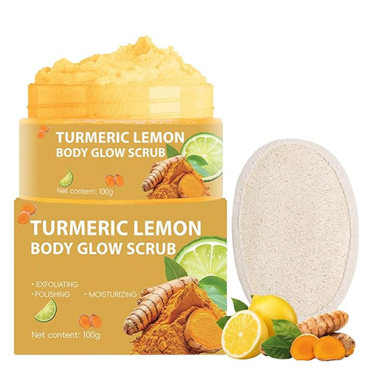 Turmeric Body Scrub Exfoliator with Loofah – Exfoliating Body Scrub for Face, Foot, Bikini Zone & Dead Skin Removal, Deep Cleansing Foot Scrub with Vitamin C for Smooth Skin, Acne Skin
