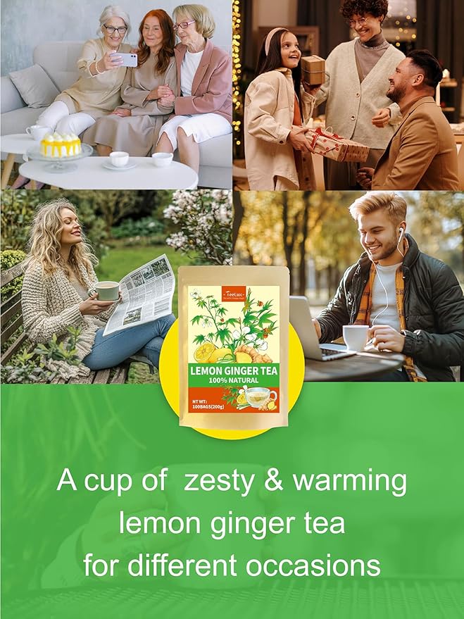 TeeLux Lemon Ginger Herbal Tea, Refreshing Lemon with Spicy Ginger Root & Zesty Lemongrass, Caffeine Free, Soothing & Tangy Flavor, 100 Tea Bags