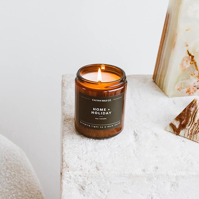 Calyan Wax Co. Soy Wax Candle, Home + Holiday Scented Candle, 57 Hour Burn Time, Aromatherapy Soy Candles, Non Toxic & Vegan Soy Wax, Amber Glass Jar Scented Candles, 7.2oz