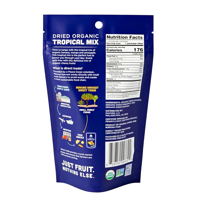 Mavuno Harvest Tropical Mix Dried Fruit Snack | Unsweetened Organic Mixed Dried Fruit | Gluten Free Healthy Snacks for Kids and Adults | No Sugar Added, Vegan, Non GMO | 2 Ounce, Pack of 3