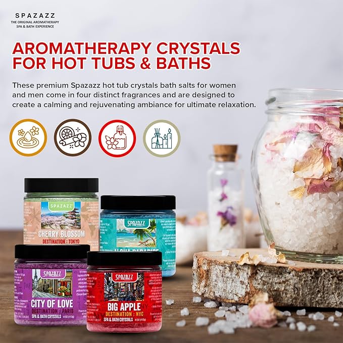 Spazazz Hot Tub Aromatherapy Destination Collection Bath Salt Crystals Four- 4oz Pack - Aloha Paradise, Big Apple, City of Love, Cherry Blossom - Bath Salts Perfect for Hot Tubs, Baths, and Foot Soaks