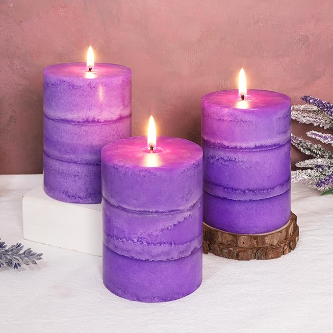 3" x 4" Handmade Pillar Candles Lavender Scented Purple Decorative Modern Aesthetic Long Clean Burning Fragrance Candle for Wedding Spas Meditations Christmas Home Decor,Set of 3