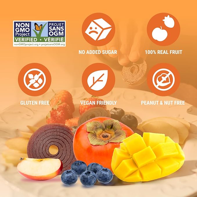 BOB SNAIL Healthy Organic Fruit Snacks for Kids and Adults – 60 Organic Fruit Roll Up with Mango, Apple, Blueberry, Persimmon –Vegan Low-Carb Variety Pack Leather Strips for Kids–Sugar Free Jerky Bar