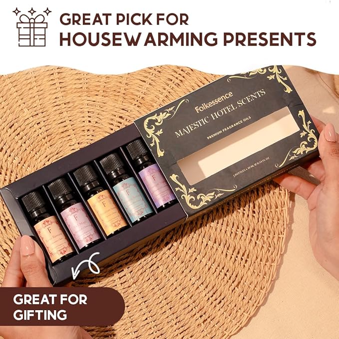 Folkulture Essential Oils for Home | Set of 5 (0.34 fl oz x 5) Hotel Collection Diffuser Oil | Lavender Essential Oil or Oud Oils for Relaxation | Jasmine Essential Oil or Cypress Scents for Women