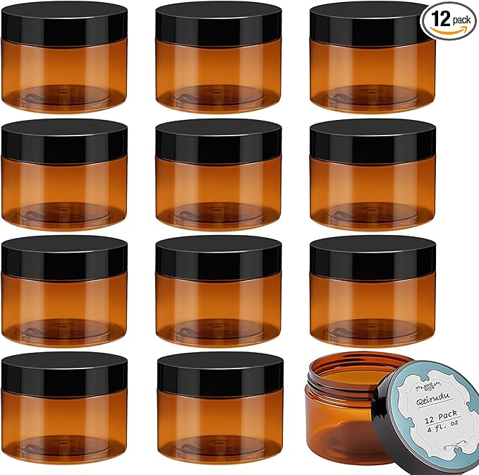 Qeirudu 4 oz Amber Plastic Jars with Lids and Labels, 12 Pack Empty Brown Body Butter Containers for Cosmetic, Body Scrub, Creams and Lotion