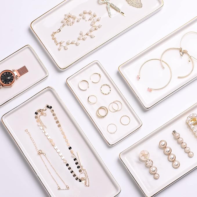 Gurygo 10" Bathroom Tray, Ceramic Vanity Trays for Bathroom, Small Ceramic Tray, Kitchen Soap Trays for Kitchen Counter (White with Gold-Edged, 10",Set/1)