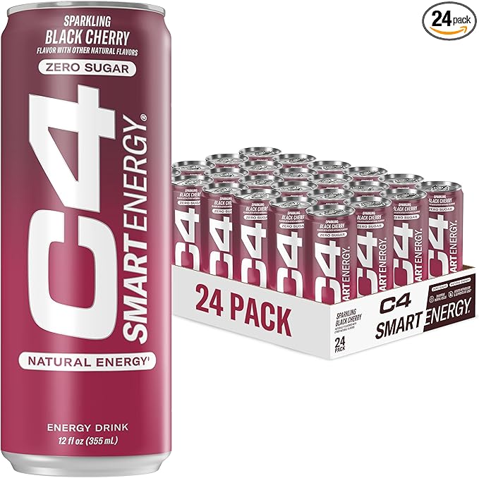 C4 Smart Energy Drink - Sugar Free Performance Fuel & Nootropic Brain Booster, Coffee Substitute or Alternative | Black Cherry 12 Oz - 24 Pack